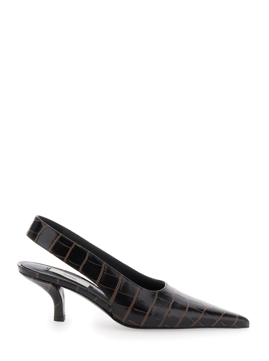 Brown Slingback Pumps With Kitten Heel Cow Leather