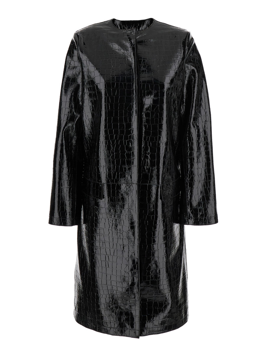 Black Leather Coat With Crocodile Effect Lamb