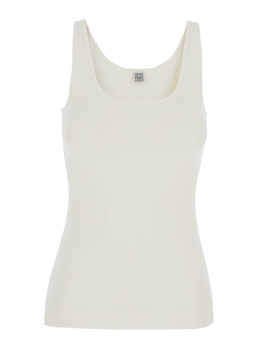 White Sleeveless Top With Round Neck Viscose Tops