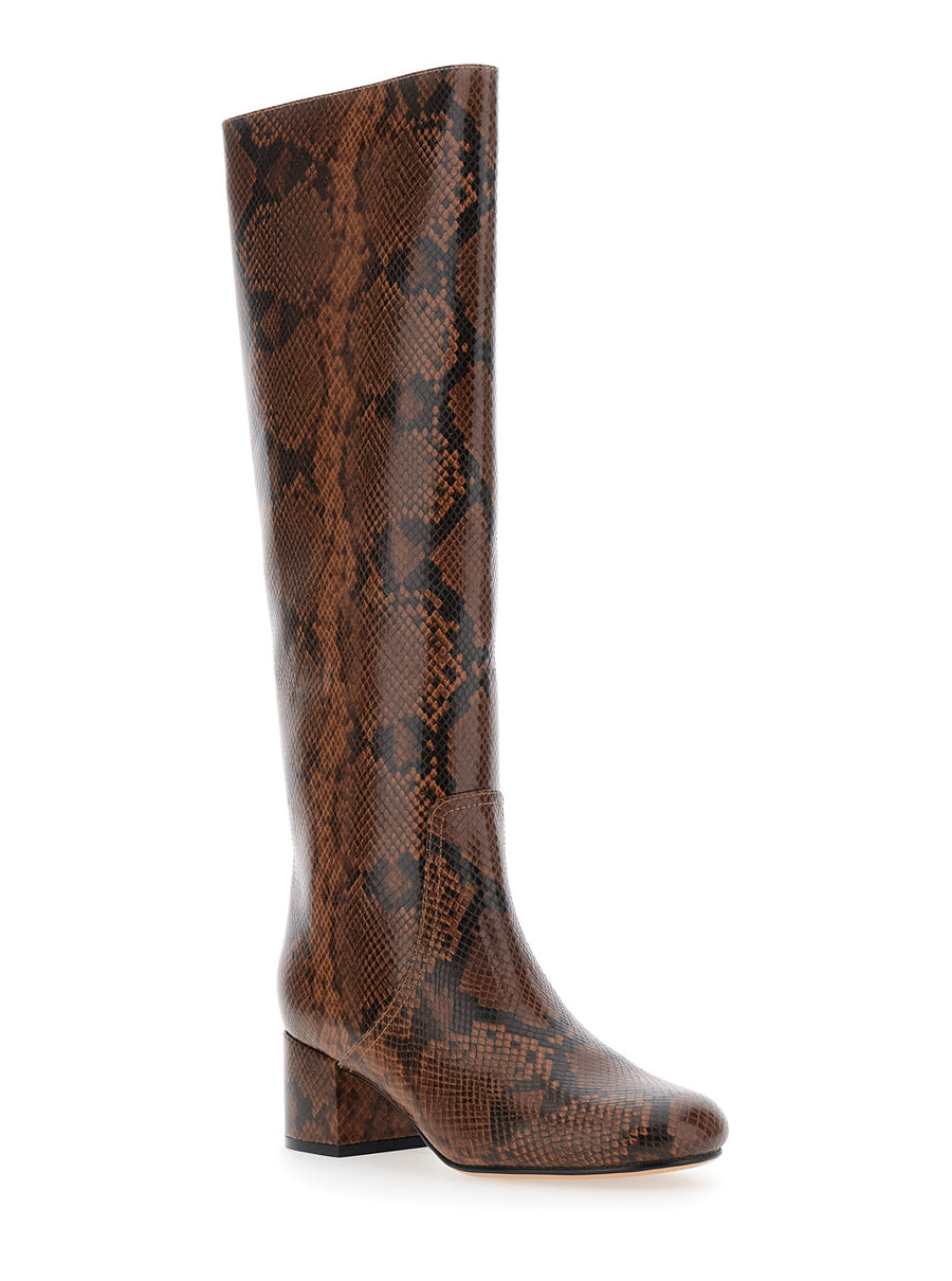 Brown Knee Boots With Python Effect Polyurethane