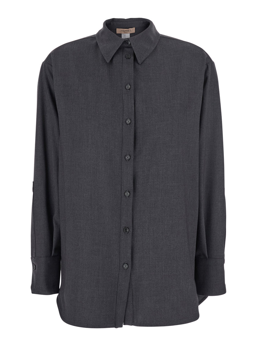 Grey Shirt With Classic Collar And Logo Plaque Textile Paper Blouses
