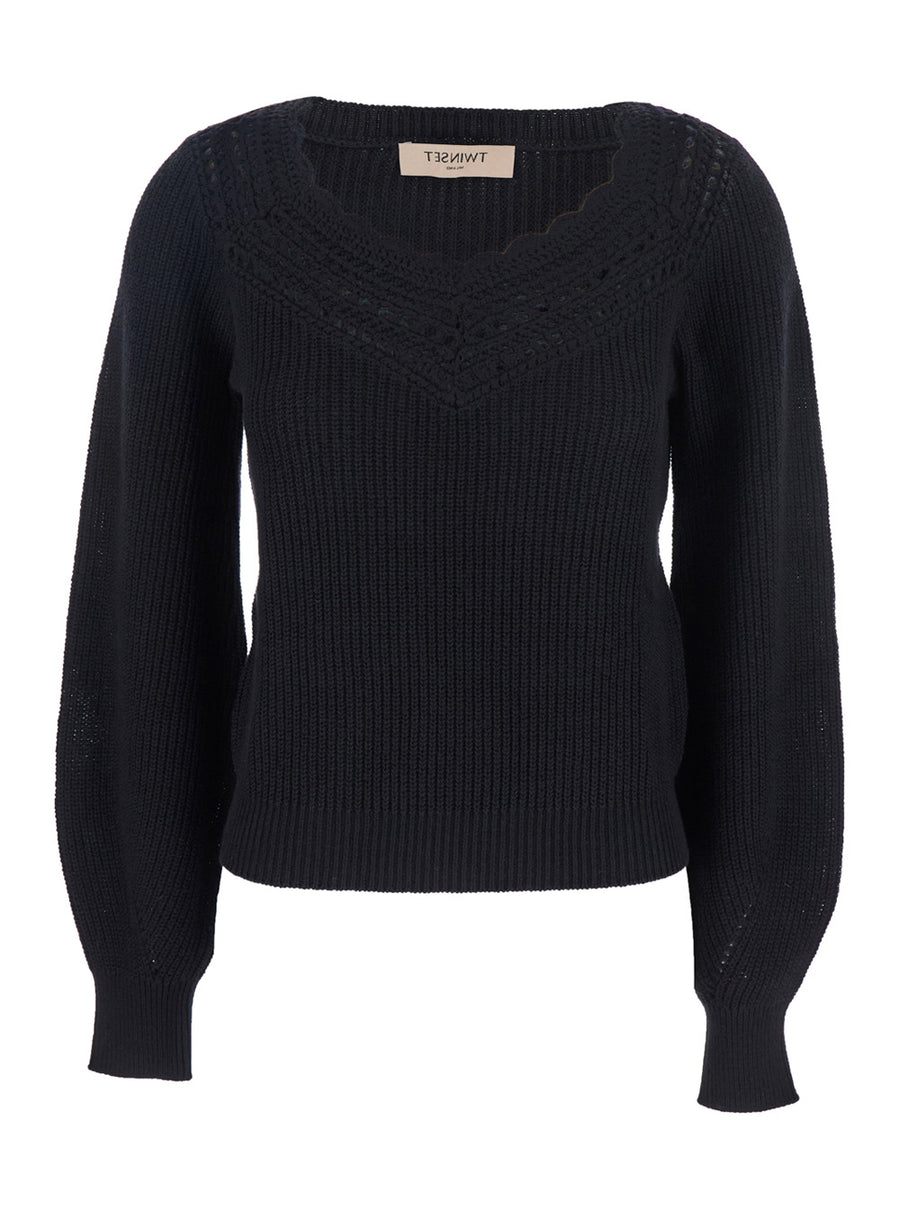 Black Sweater With Embroidered Collar Cotton Tops