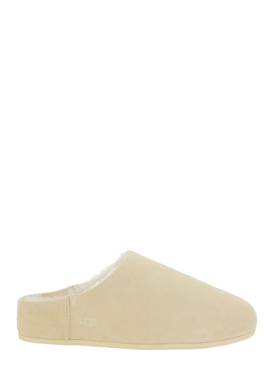 Beige Mules With Logo Lettering And Shearling Lining Leather