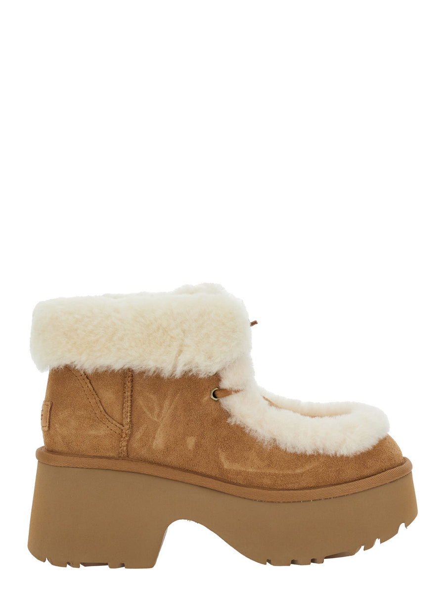 Beige Ankle Boots With Fur Detailing Leather