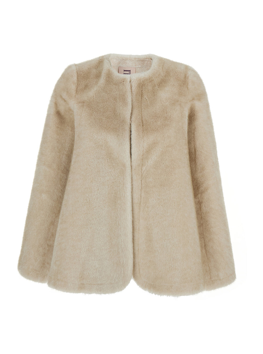 Beige Round Neck Hood With Trapezoid Design Polyester Coat
