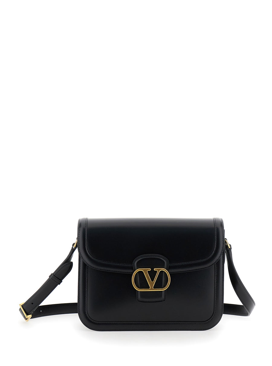 Black Shoulder Bag With Vlogo Detail Calf Leather