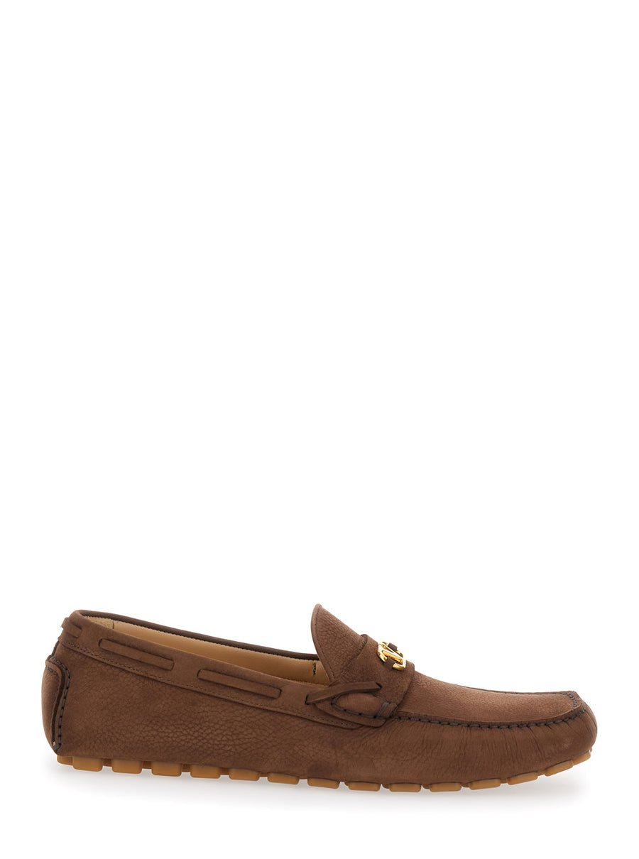 Brown Suede Loafers With Vlogo Plaque Calf