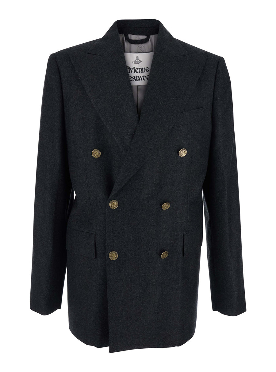 Grey Double-Breasted Wool Jacket Virgin Blazers