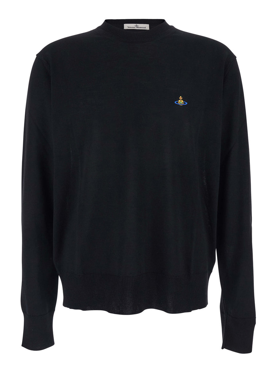 Black Crew Neck Sweater With Embroidered Logo Virgin Wool Tops