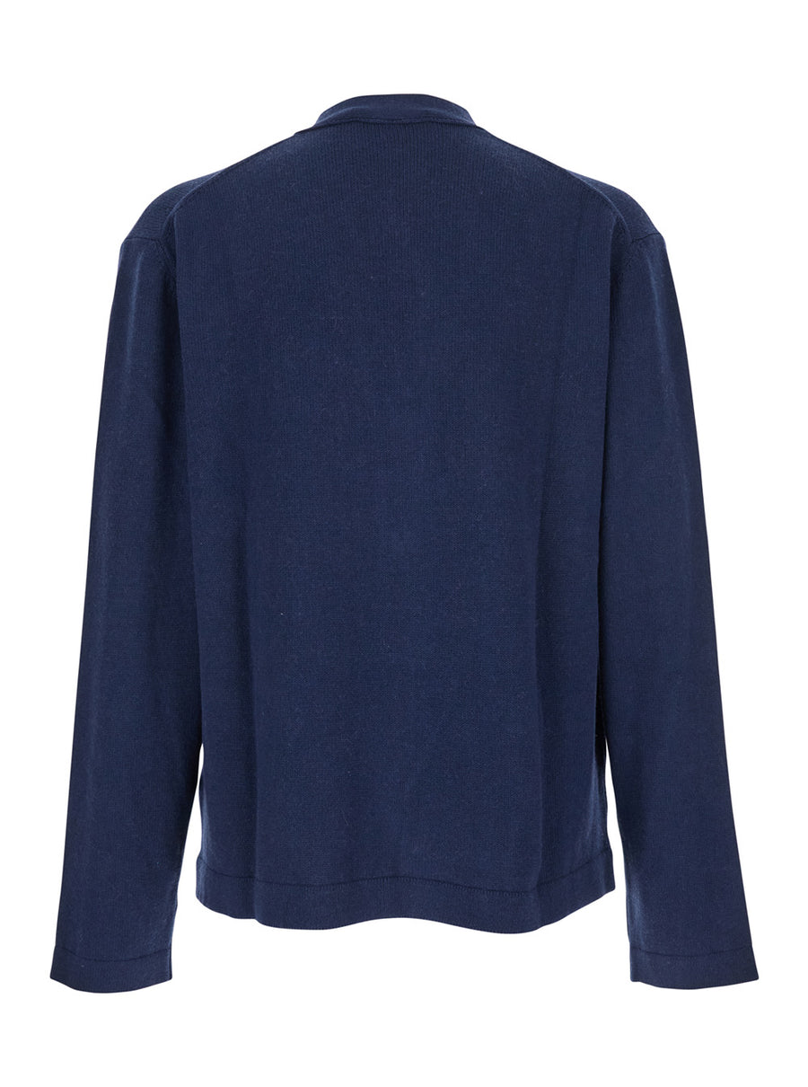 Blue V-Neck Cardigan With Orb Decoration Cotton Cashmere Tops