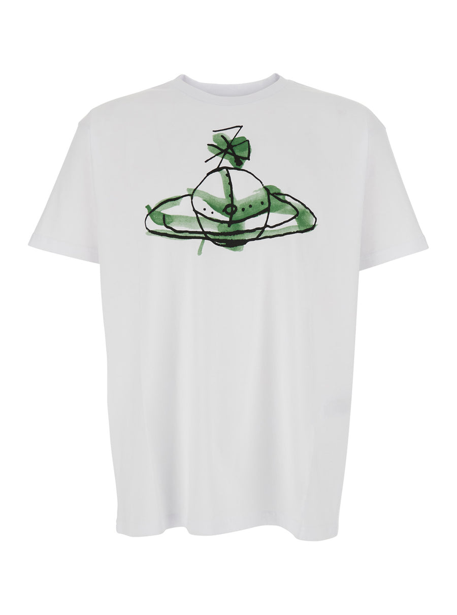 White Crew Neck T-Shirt With Orb Print Cotton T-shirts