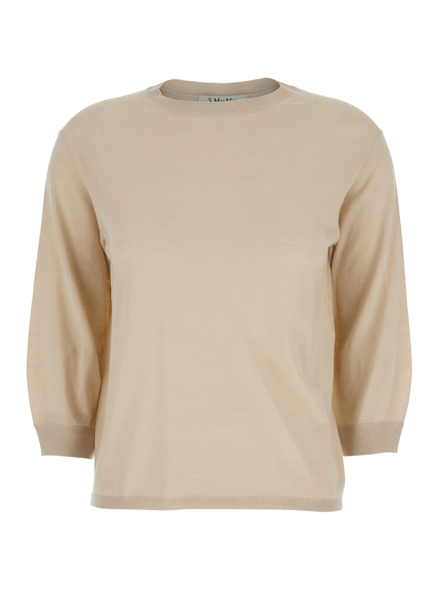 Beige Sweater With Three-Quarter Sleeves Virgin Wool Tops