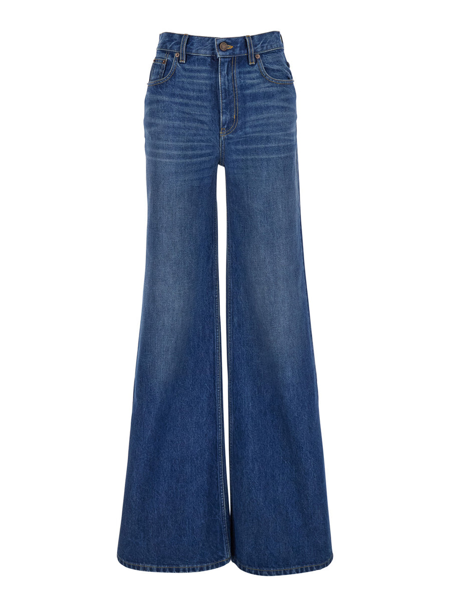 Blue High Waisted Wide Leg Jeans Cotton