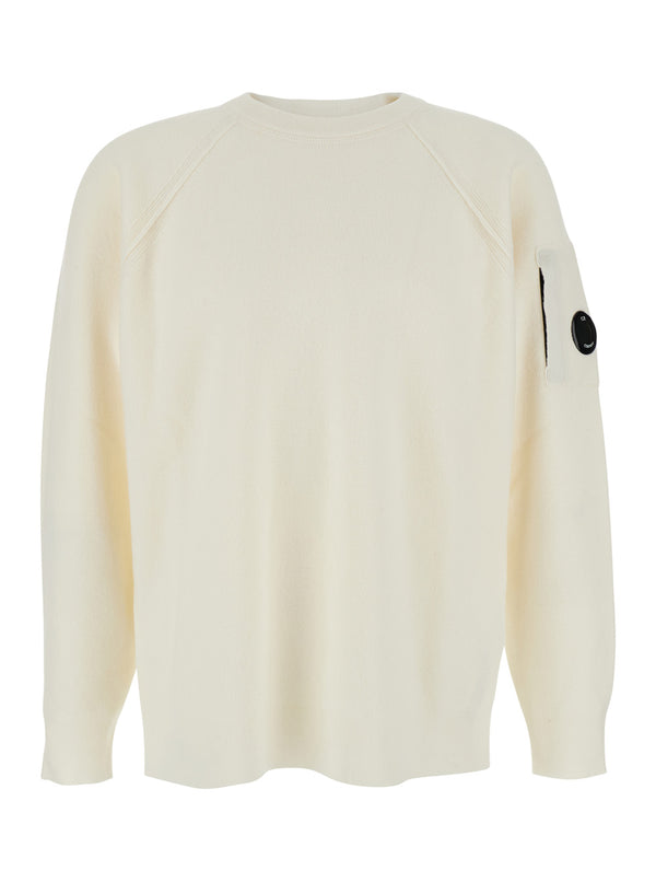 White Crewneck Sweater With Logo Plaque Wool Tops