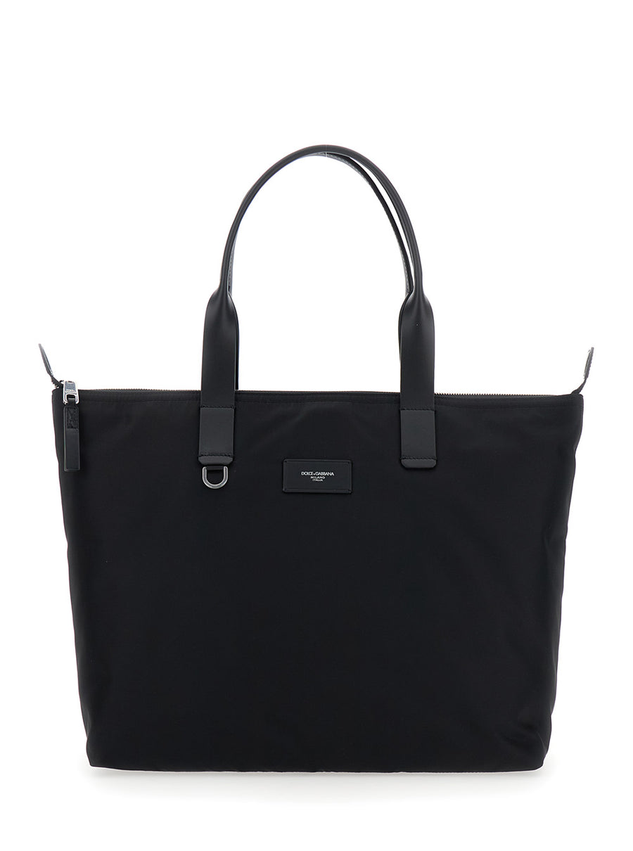 Black Tote Bag With Handles And Logo Polyamide