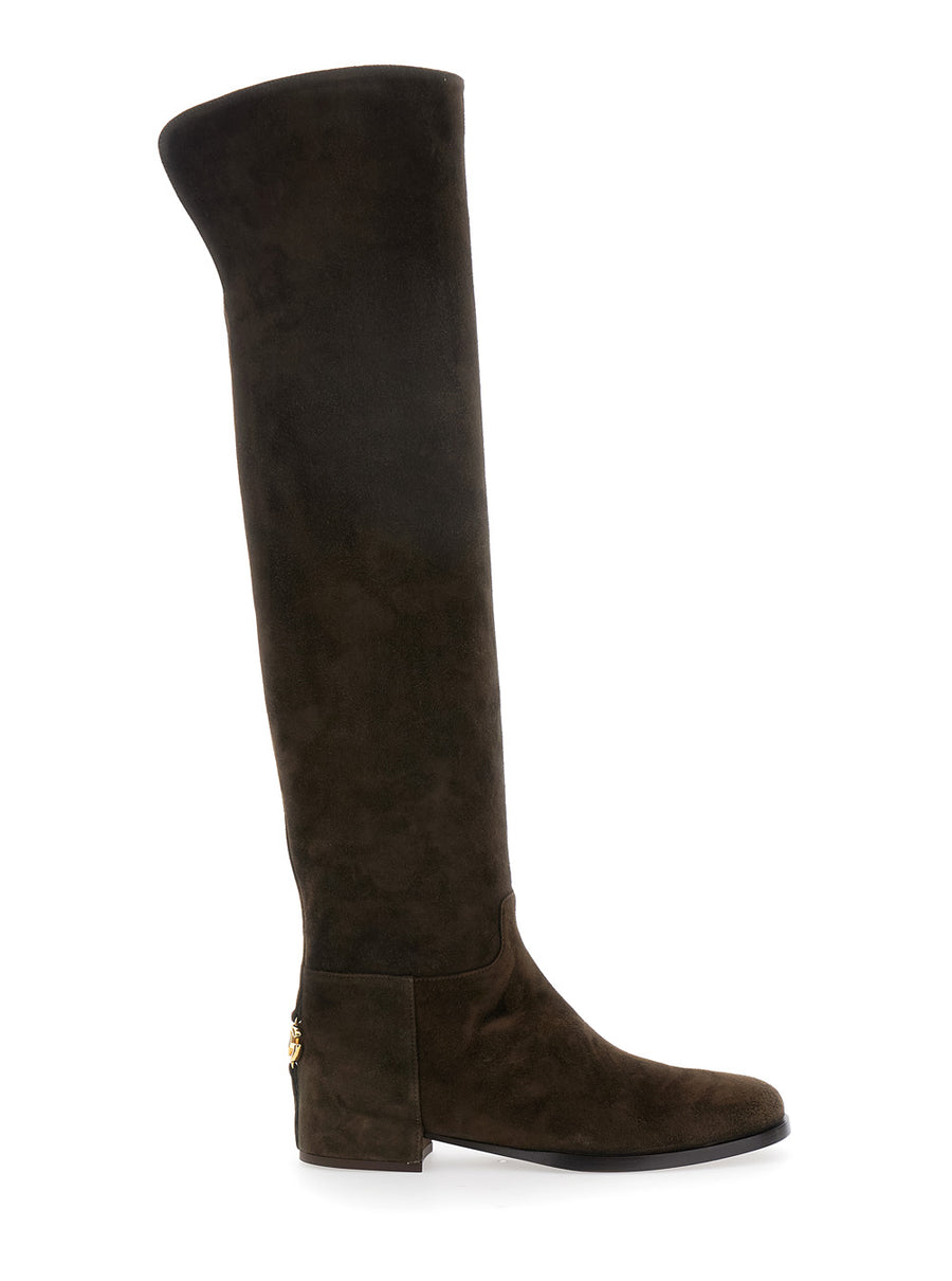 Brown Knee-High Boots With Logo Plaque Lamb