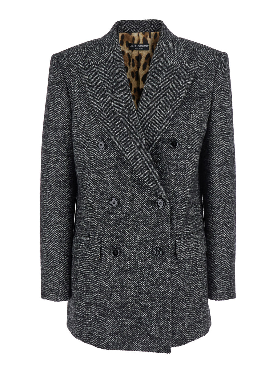 Grey Double-Breasted Jacket With Peak Revers Acrylic Blazers