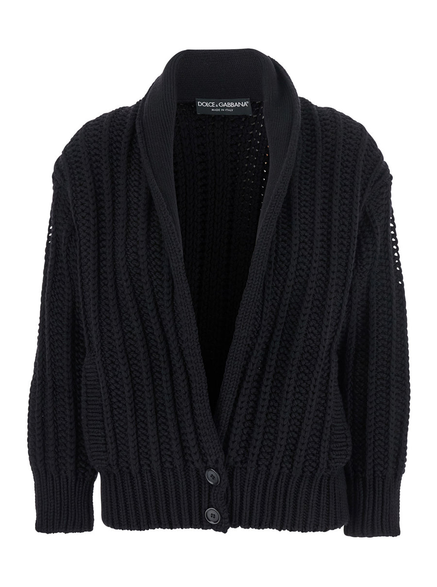 Black Wide Neckline Virgin Wool Cardigan Tops