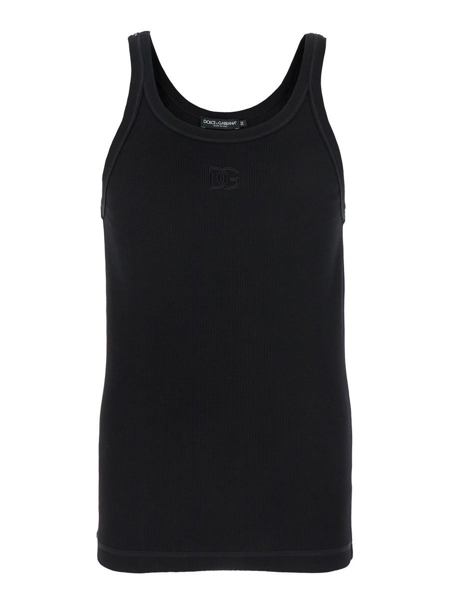 Black Sleeveless Top With Logo Embroidery Cotton Tops