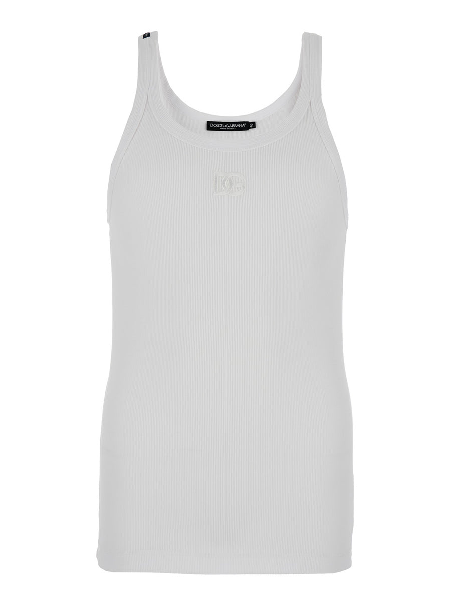 White Sleeveless Top With Logo Embroidery Cotton Tops