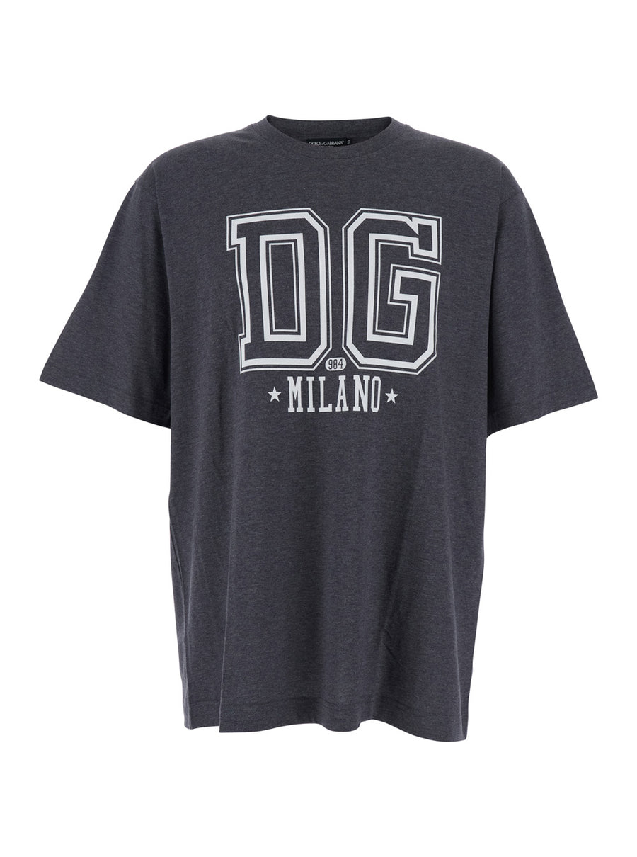 Grey Crewneck T-Shirt With Logo Print Cotton T-shirts