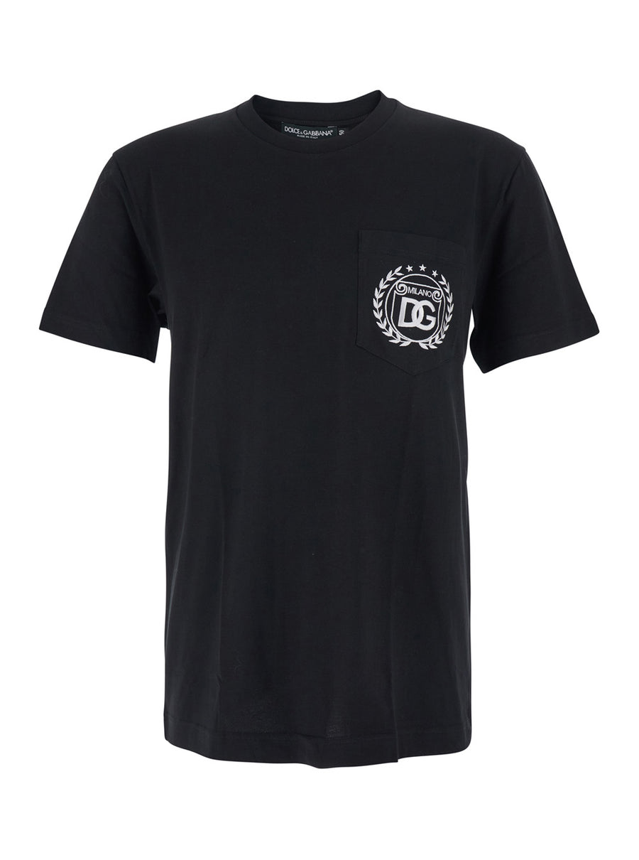 Crewneck Black T-Shirt With Logo Embroidery Cotton T-shirts