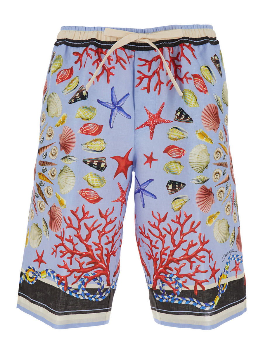 Multicolor Linen Shorts With Drawstring Light Blue