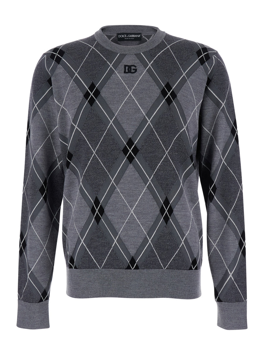 Grey Crew Neck Sweater With Logo Silk Tops