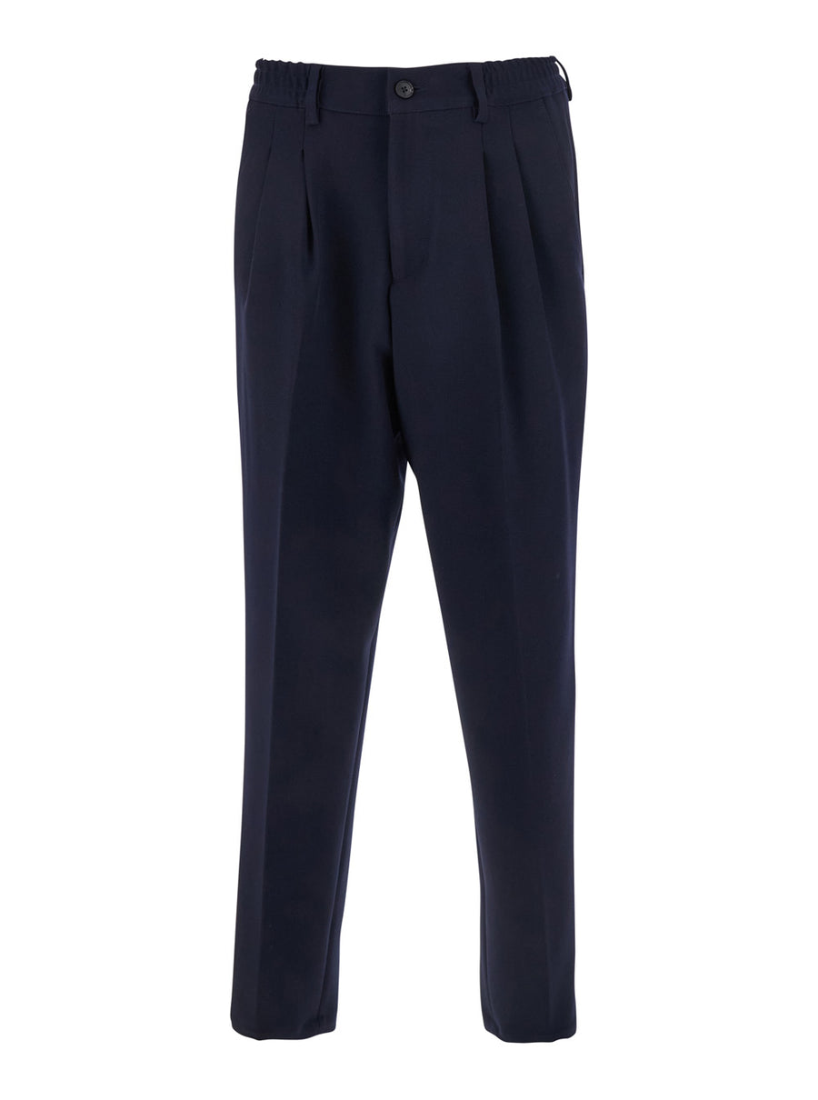 Blue Pants With Elastic Waist Cotton Trousers