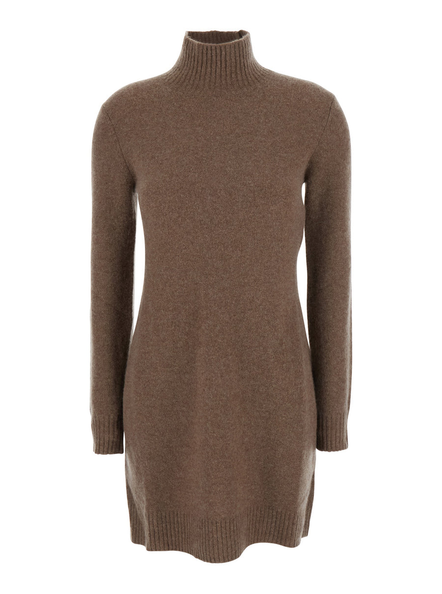Brown Dress With High Neck And Ribbed Trims Cashmere Stretch