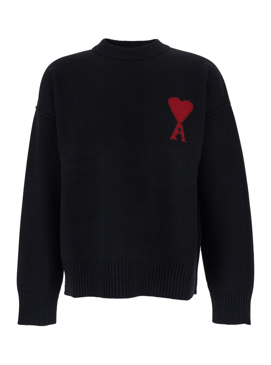 Crewneck Sweater With Adc Embroidery Black Wool Tops