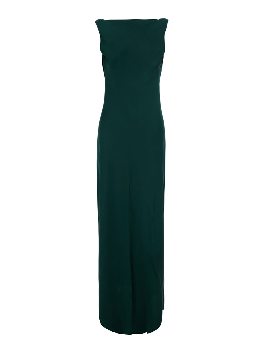 Long V-Neck Dress Green Satin Viscose