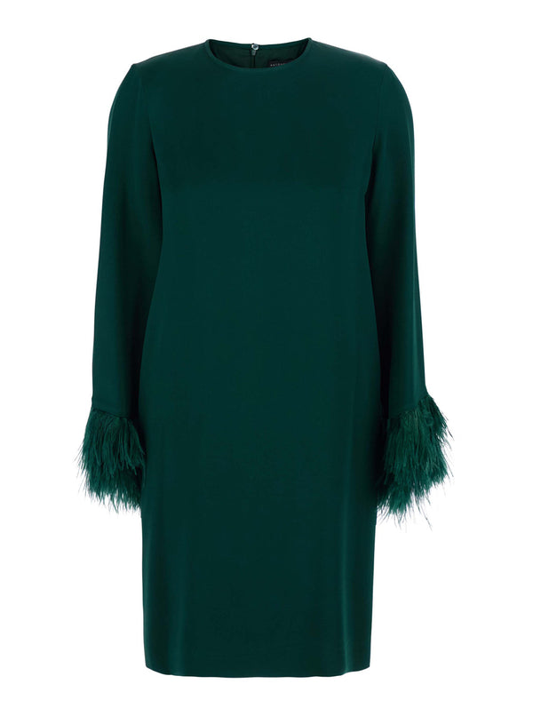 Dress Violetta Green Satin With Feather Trim Acetate