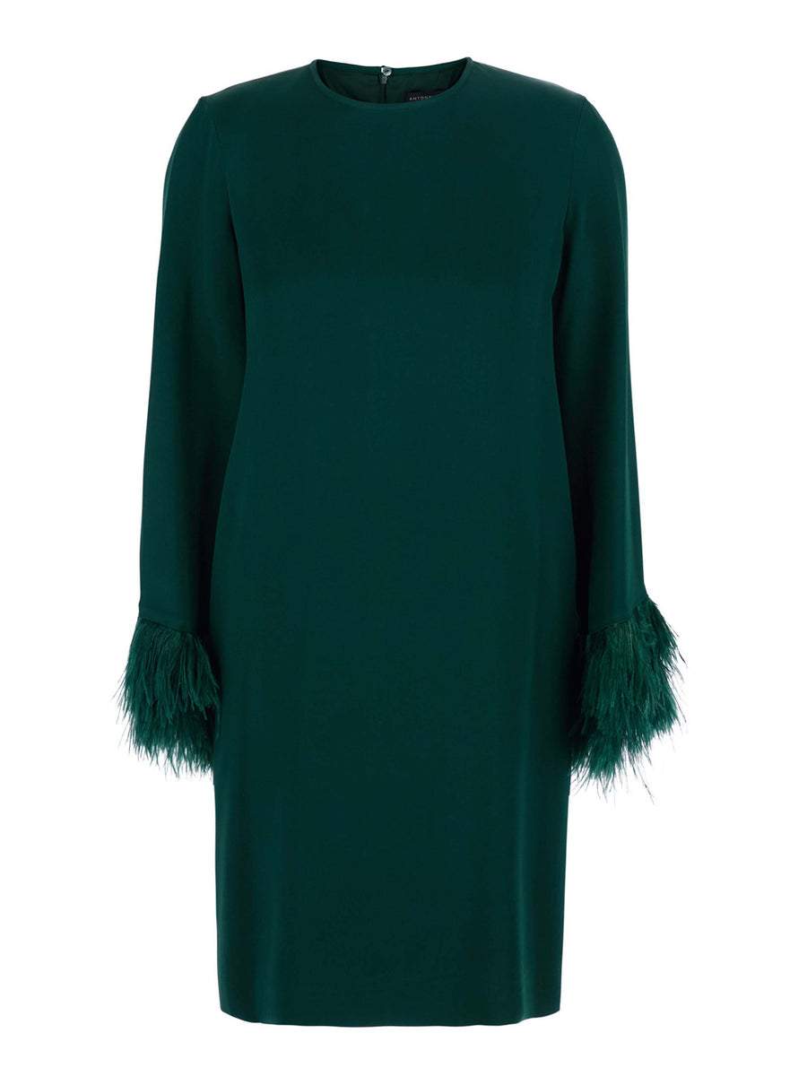 Dress Violetta Green Satin With Feather Trim Acetate