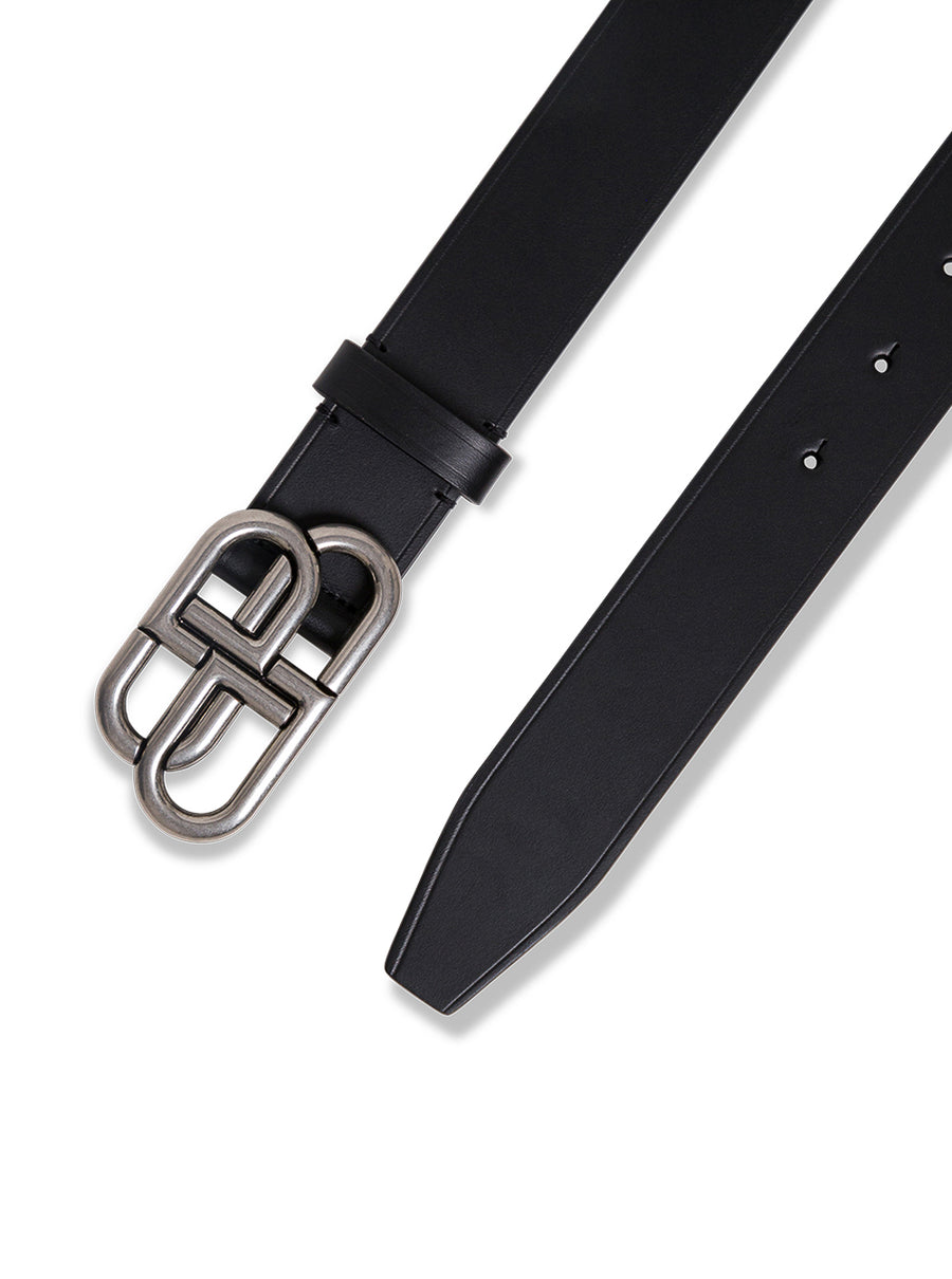 Belt With Bb Buckle, Black Leather Calf
