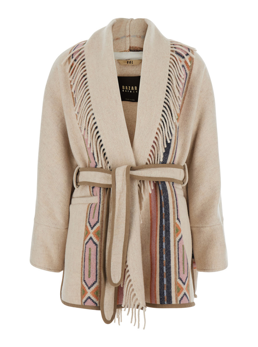 Fringed Navajo Coat Beige Technical Fabric