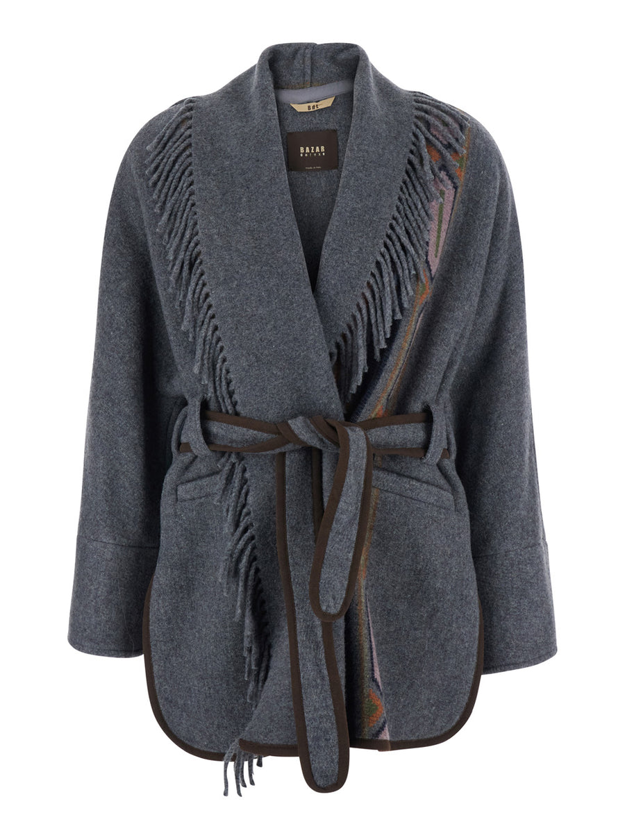 Coat Navajo With Fringes Grey Fabric