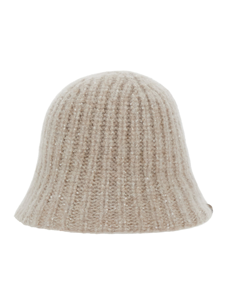 Knitted Beanie With Diamond Yarn Beige Cashmere Blend Hat