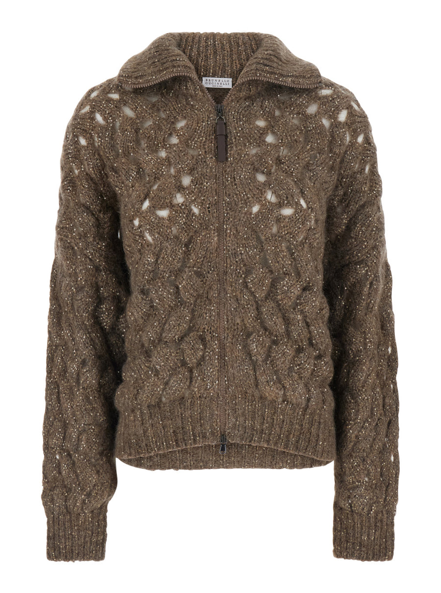 High-Neck Cardigan Beige Mohair Tops