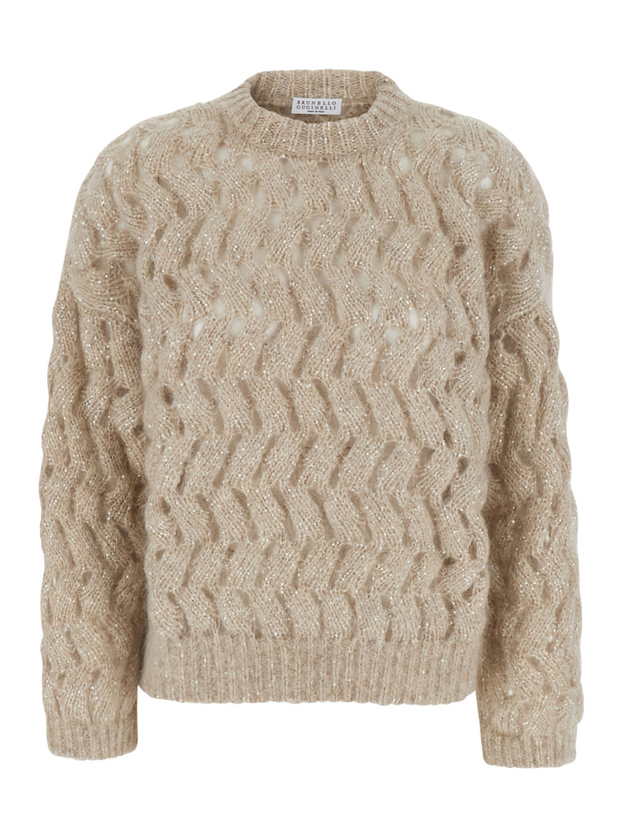 Crewneck Cable-Knit Sweater White Mohair Tops