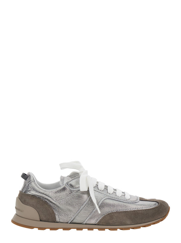 Low Top Sneakers Grey Leather And Suede Trainers