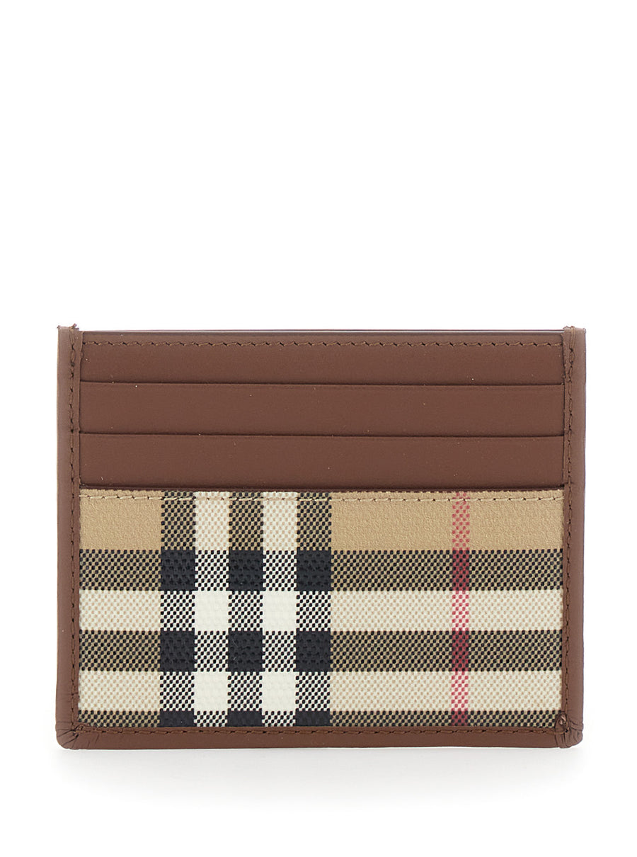Cardholder With Check Motif, Beige Cotton Accessory