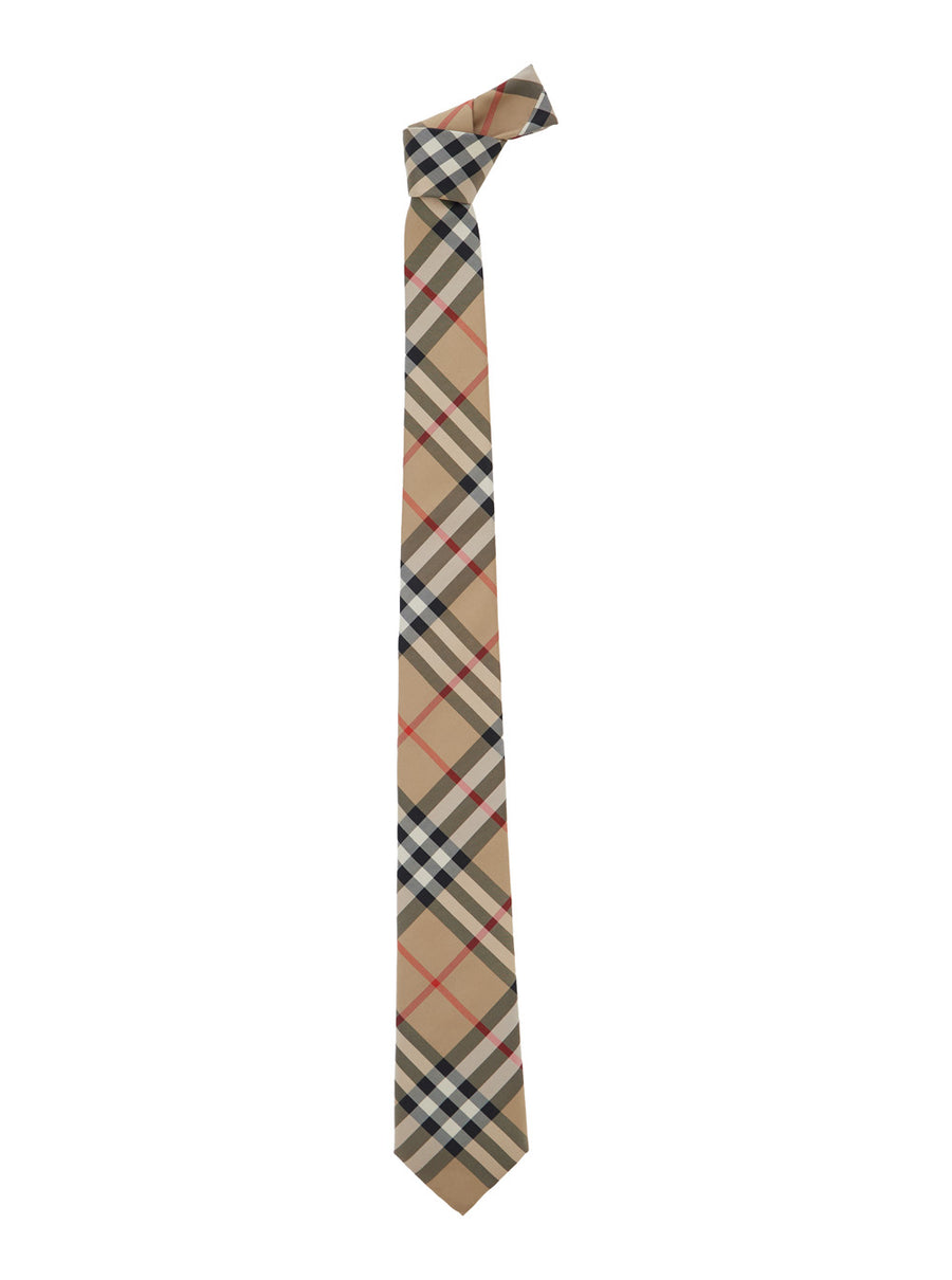 Tie With Check Motif, Beige Silk Ties & Bow