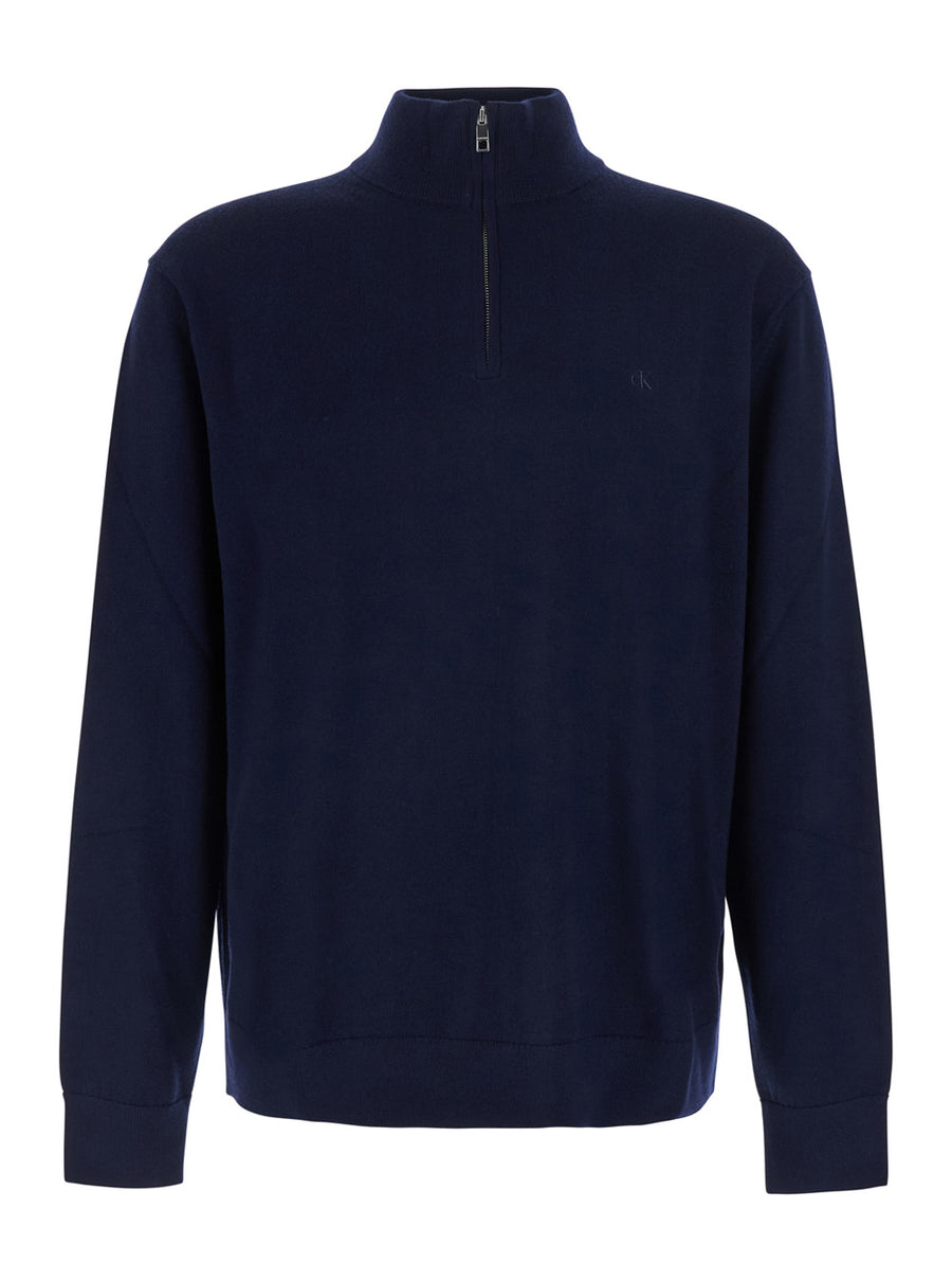 Half-Zip Blue Merino Sweater Wool Tops