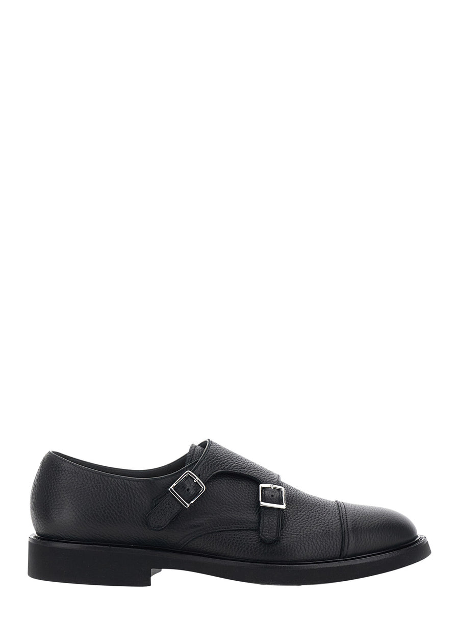 Double Buckle Leather Loafers Black Calf