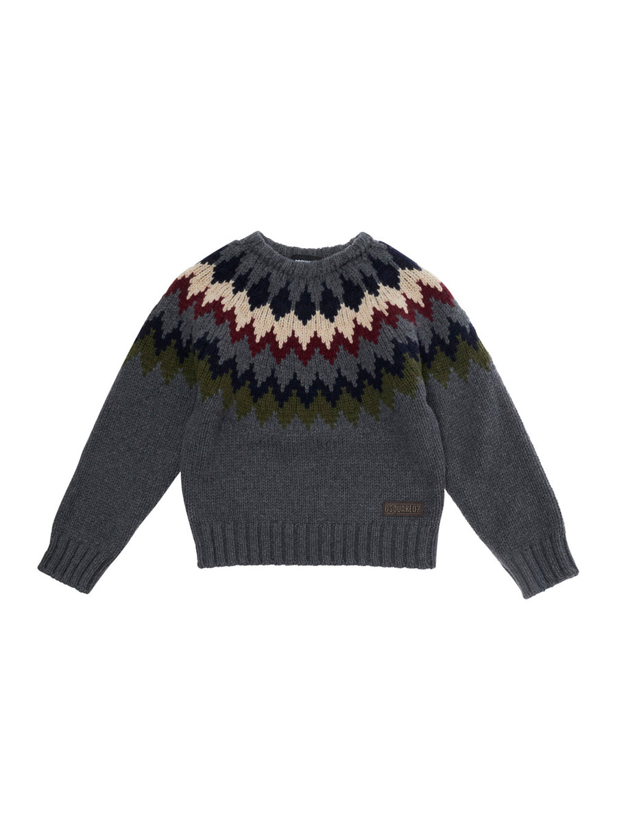Crewneck Sweater With Geometric Embroidery Grey Wool Tops