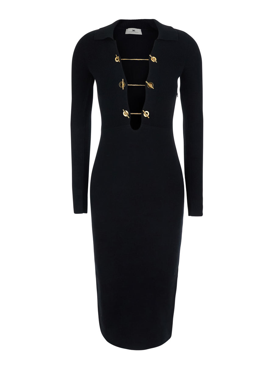 Knit Dress V-Neck Long Sleeve Black Viscose