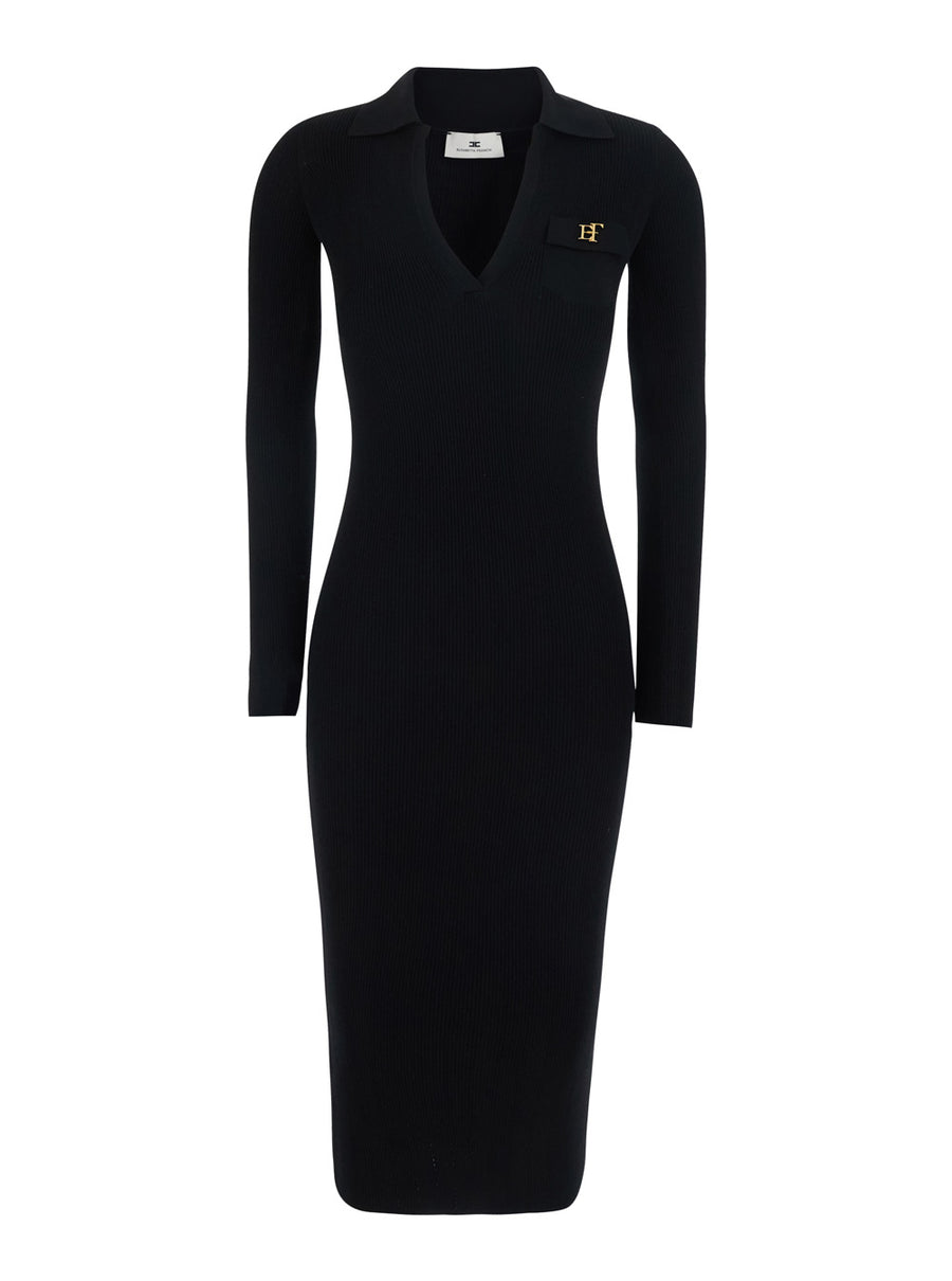 Ribbed Knit Dress With Ajour Details Black Viscose