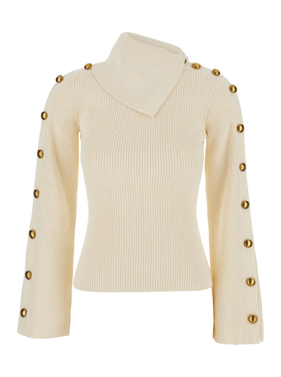 Knit Top Long-Sleeved White Technical Fabric Tops
