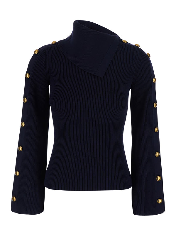 Knit Sweater With High Collar Blue Tech Fabric Tops